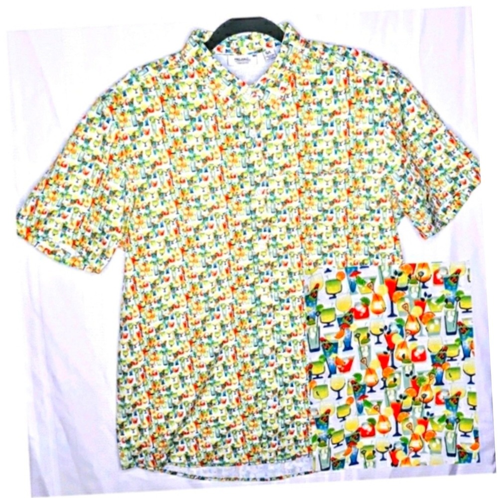 Projek Raw Mens Large Cocktail Drink‎ Print Short Sleeve Button Down Shirt White